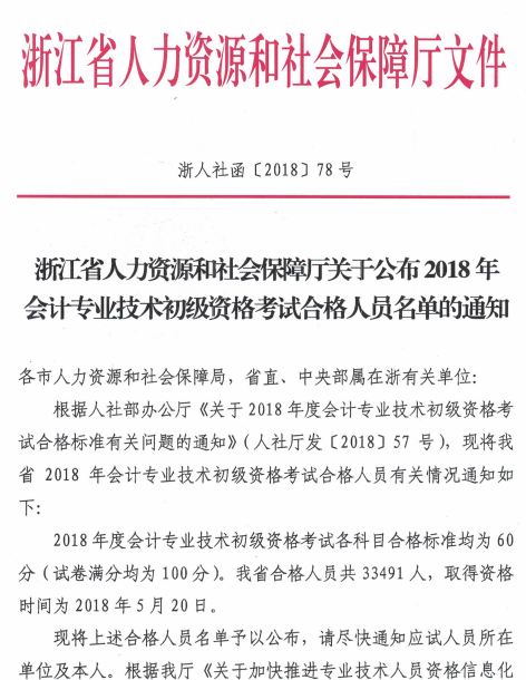 浙江2018年初級會計考試33491人成績合格 浙江2018年初級會計考試33491人成績合格