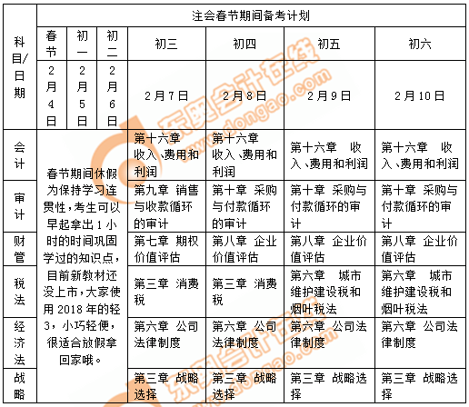 注會(huì)春節(jié)假期規(guī)劃表