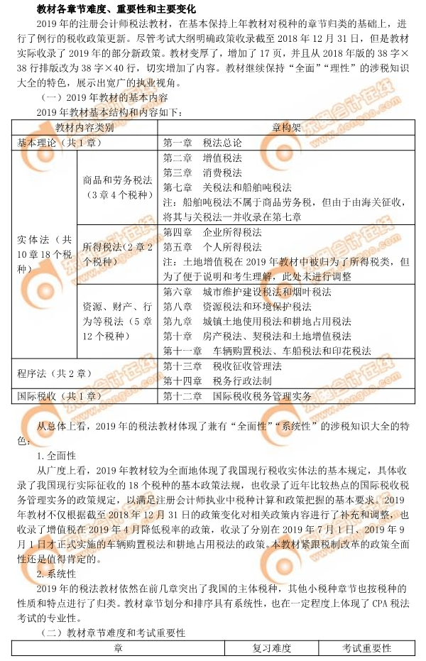 2019年注會稅法教材各章節(jié)難度、重要性和主要變化