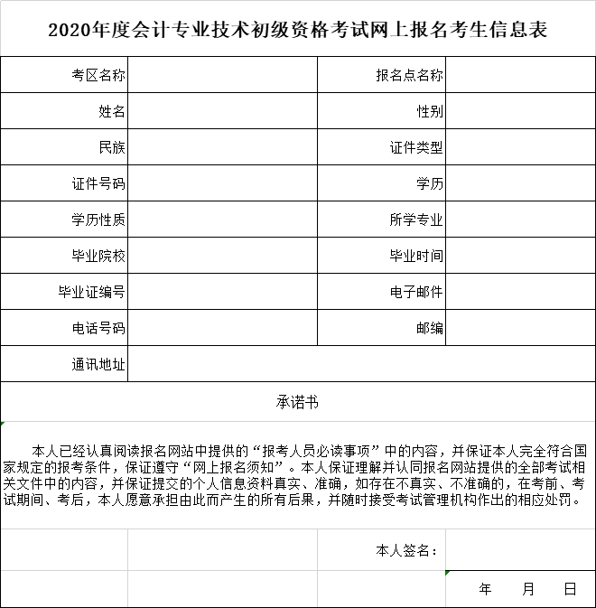 2020年度會(huì)計(jì)專業(yè)技術(shù)初級(jí)資格考試網(wǎng)上報(bào)名考生信息表