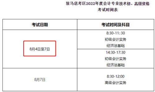 駐馬店初級會計考試時間安排