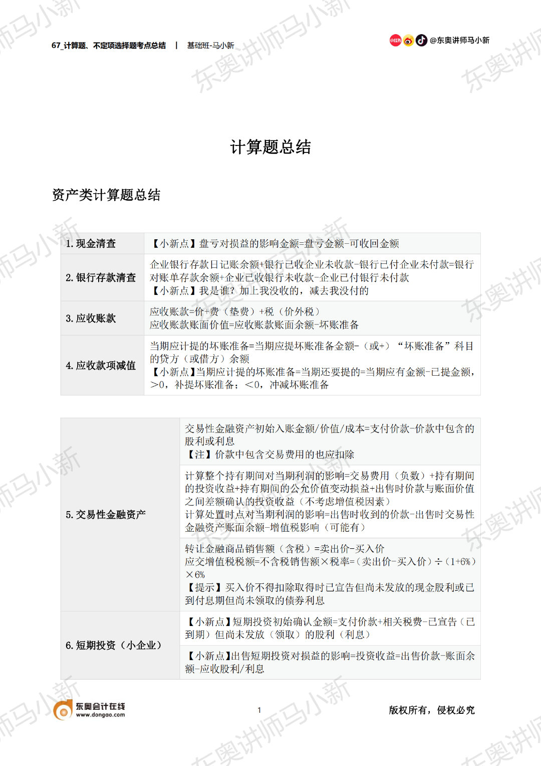 初級(jí)會(huì)計(jì)資產(chǎn)類計(jì)算題總結(jié)